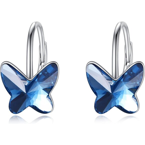 Women's Sterling Butterfly Blue Dangle Hoop Leverback Comfortable Earring - Picture 2 of 6